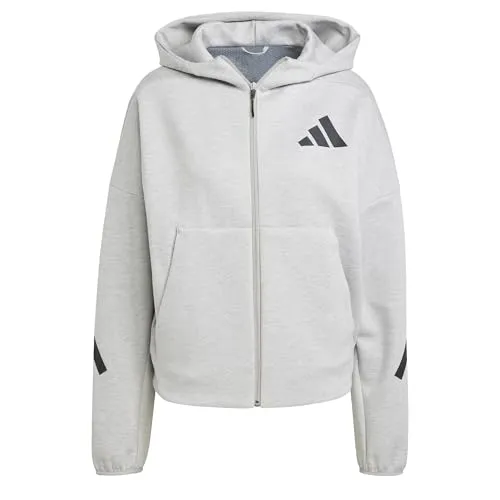 adidas Women's Z.N.E. Zip-Hoodie in Grau - Stylischer, locker geschnittener Hoodie mit durchgehendem Reißverschluss und Kapuze. Hergestellt aus recyceltem Polyester und Baumwolle, ideal für den Alltag.