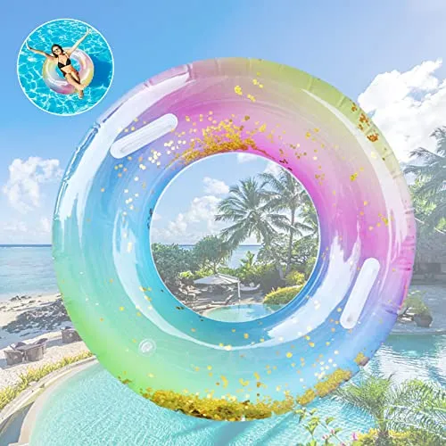 Pukitt Schwimming Ring Erwachsene, Regenbogen Pailletten Schwimmenring Mit Griff, Transparenter Floating Ring, Dauerhafter Aufblasbarer Pool Schwimmen, Schwimmring Röhre Für Sommerpool Party