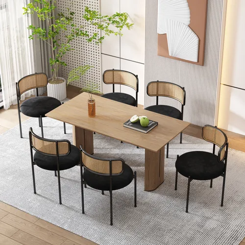 Flieks Rattanstuhl Esszimmerstuhl 6er Set mit Metallbeinen und Samtbezug, Schwarz