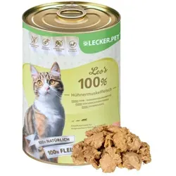 g Lecker.Pet® Leo's 100 % Hühnermuskelfleisch Katzenfutter Nassfutter 12 x 400g - Katzenfutter, 100% Hühnermuskelfleisch für beste Verträglichkeit und Nährstoffe, getreidefrei und ohne Zusatzstoffe für gesunde Katzen.