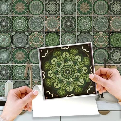 WALPLUS Fliesenaufkleber 15x15cm Küche Klebefolie Fliesenoptik Hitze- und Wasserbeständig Fliesenfolie Abnehmbare Wandfliesen Selbstklebend Klebefliesen Grün Jahrgang 24 Stück