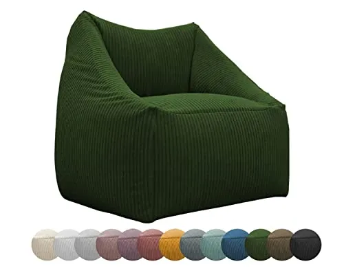 chilly pilley® Sitzsack Sessel in 2 Größen – Bequemer Bean Bag mit Bezug aus Cord, Leinenoptik oder wasserabweisendem Stoff – Moderner Loungesessel für Wohnzimmer, Kinderzimmer (Dunkelgrün)