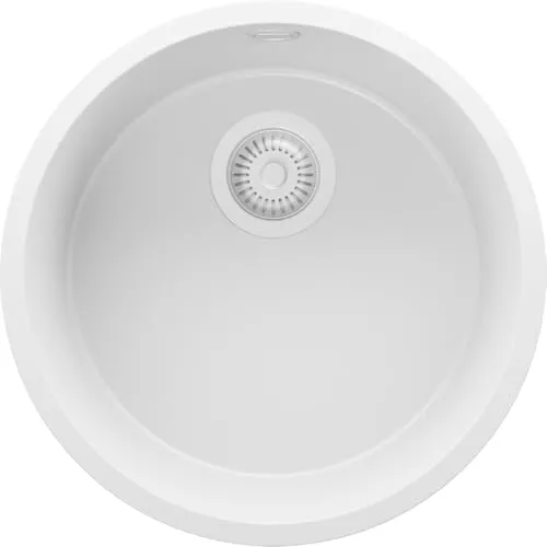 PRIMAGRAN Spülbecken Rund Alles Weiß 46x46cm, Granitspüle 1 Becken + Ablauf-Set, Küchenspüle ab 50er Unterschrank - Valletta Slim S008