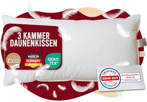 EVAN BROWNS 3-Kammer-Daunenkissen 40x80 - Made in Germany - Erlebe höchsten Schlafkomfort mit dem 3-Kammer-Daunenkissen 40x80. Es kombiniert atmungsaktive Daunen mit stützenden Federn und sorgt für ein angenehmes Liegegefühl. Waschbar bei 60 °C für frische Hygiene und langanhaltende Formstabilität.