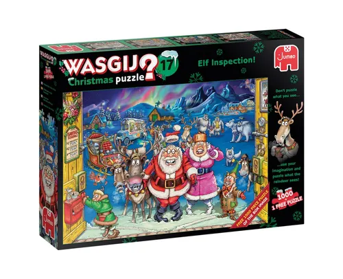 JUMBO 25003 Wasgij Christmas 17 - Elf Inspection! Puzzle - Puzzle mit 2x 1000 Teilen, ideal für Weihnachtsliebhaber, die Spaß und Herausforderung suchen, während sie die Vorbereitungen am Nordpol erleben.