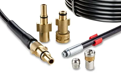Rohrreinigungsschlauch für Hochdruckreiniger 15m 200bar- Rohrreinigungsset geeignet für Bosch, Black+Decker, Nilfisk, Makita – Starre Düse, Rotierende Düse KNOFER