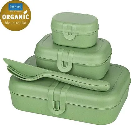 KOZIOL Lunchbox Set, 6-tlg. - Umweltfreundliche Aufbewahrung - Kühlboxen & Kühltaschen, 3 Lunchboxen + Besteckset aus biozirkulärem Material, spülmaschinengeeignet und recycelbar - ideal für umweltbewusste Essensaufbewahrung.