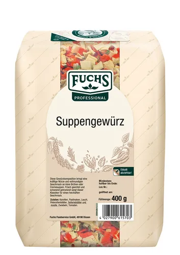 Fuchs Professional Suppengewürz 0.4kg - Kräuter Gewürzmischung für Suppen, ideal für die professionelle Küche mit ausgewogenen Aromen und hochwertiger Qualität von Fuchs.