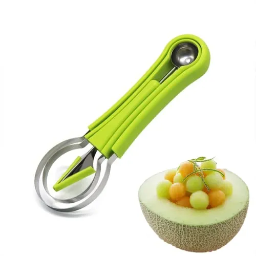 Melonen-Kugelschaufel-Set, professionelles 4-in-1-Edelstahl-Wassermelonenschneider, Obstschnitzwerkzeug-Set, für Obstschaufel, Samenentferner, Grabfleischtrenner, Obstschneider (grün)
