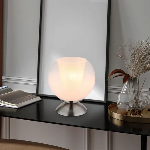 Tischleuchte Beistellleuchte opal Glaskugel mit Kristallen - Tischleuchte in Nickel matt mit eleganter opal Glaskugel und klaren Kristallen, ideal für stilvolle Akzente im Wohnbereich.