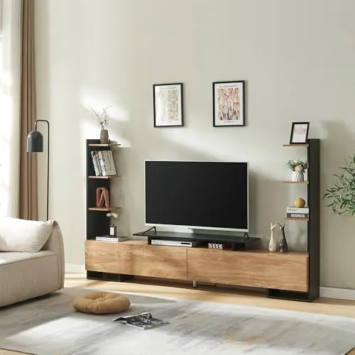 [en.casa] TV Schrank Rauki Lowboard mit 2 Seitenregalen - Modernes TV-Board in Schwarz/Mango-Holzoptik mit 2 Türen und 1 offenen Fach. Bietet stilvollen Stauraum und sorgt für Ordnung in Ihrem Wohnzimmer – ideal für Technik und Deko.