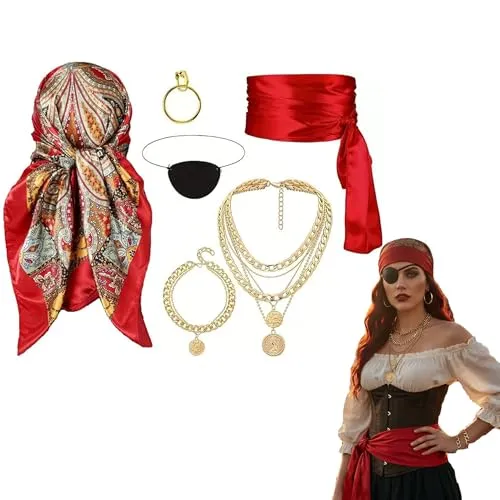 YDAKGUEY Piratenkostüm Damen, 6 Stück Piratin Kostüm Damen mit Kopftuch Gürtel Augenklappe Ohrringe Halskette & Armband, Piratenkostüm MäDchen für Karneval Halloween Cosplay & Party