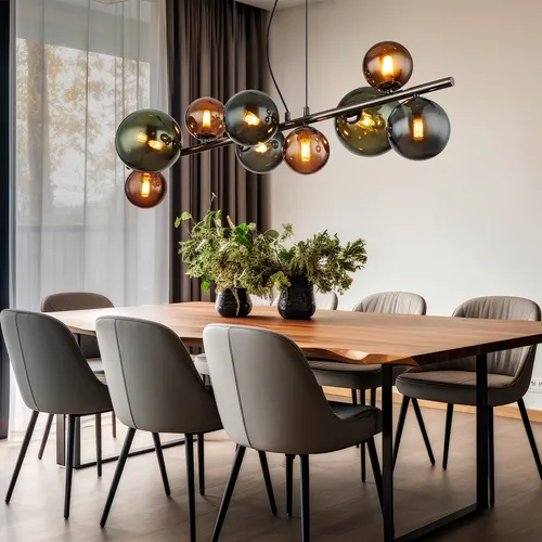 Moderne Hängeleuchte mit Glaskugeln - 9 Flammig G9 - Elegante Pendellampe für Esszimmer und Wohnzimmer, mit edlen grauen Metall- und Glaskugeln. Ideal für stimmungsvolle Beleuchtung und ein echter Blickfang.
