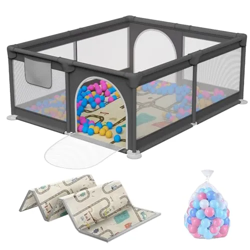Laufstall Baby mit Matte, Laufgitter Baby mit Atmungsaktivem Netz und Reißverschluss für Wohnungen, Kleinkinder Laufstall mit 4 Saugnäpfen, Innen&Außen (120 * 120cm)