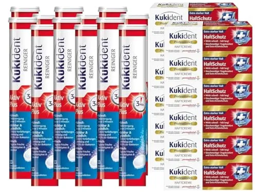 Kukident Aktiv Plus 12x33 Tabs & Haftcreme Professionell Haftstark 12x40g – XL-Pflegeset mit Reinigungstabletten & Haftcreme für saubere Prothesen und sicheren, langanhaltenden Halt