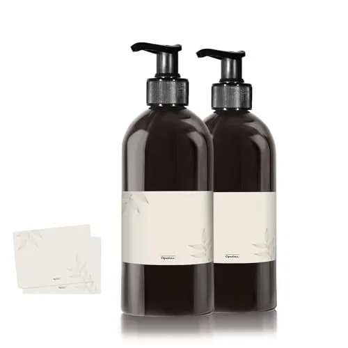 Oputec 2 x 500ml Seifenspender aus Kunststoff schwarz + Etiketten: Schwarze Shampoo Flaschen zum Befüllen als Duschgel Spender, Pumpspender, Pumpflasche