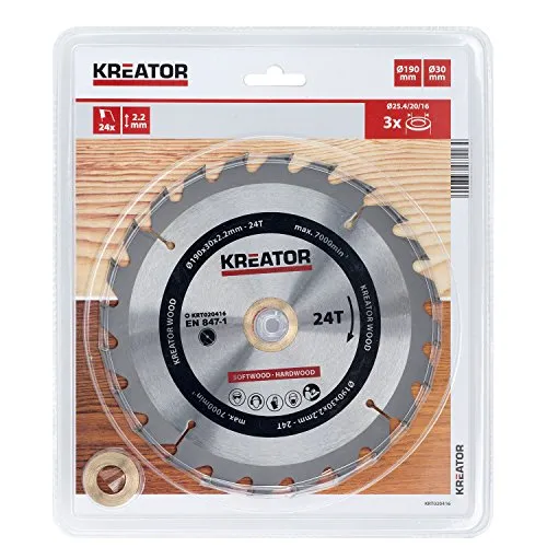 KRT020416 HSS Kreissägeblatt Ø 190 x 30 x 2,2 mm 24 Zähne für Holz + 3 Reduzierringe