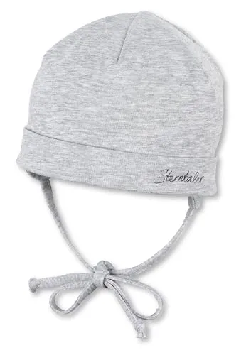 Sterntaler OCS Beanie mit Umschlag – Mütze aus Melange-Singlejersey (Bio) mit Ohrenklappen, Bindeband & Stickmotiv – Unisex Baby Übergangsmütze – grau Melange, Gr. 47
