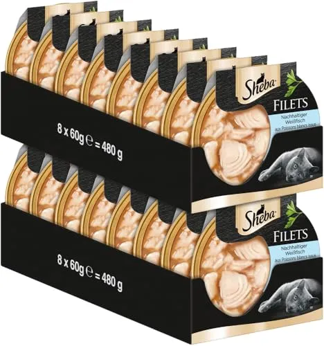 Sheba Schale Filets Weißfisch ASC 16 x 60g - Beutelfutter für Katzen, 100% nachhaltig gefangener Fisch, schonend zubereitet in außergewöhnlicher Sauce – ideal für anspruchsvolle Katzenliebhaber.