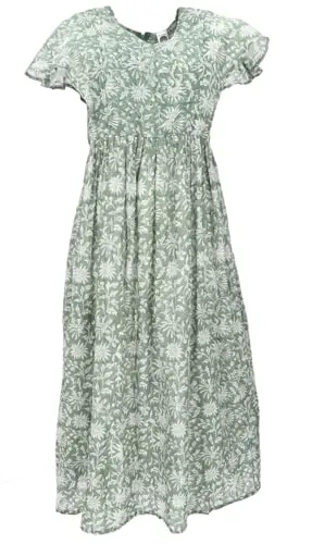 GURU SHOP Luftiges Boho Sommerkleid, Handbedrucktes Maxikleid, Baumwollkleid - Mintgrün, Damen, Baumwolle, Size:S