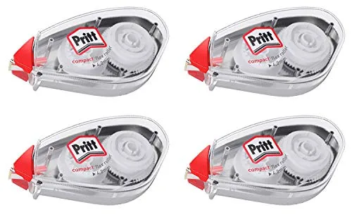 Pritt Korrekturroller Compact Flex, sofort überschreibbar, einfache Anwendung durch flexible Spitze, Bandlänge 10 m, Bandbreite 4,2 mm, Spar-Set mit 4 Rollern, 9H PCK4B4X