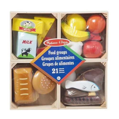 Melissa & Doug Nahrungsmittelgruppen aus Holz - 21 Holzlebensmittel für fantasievolles Rollenspiel - Küchenspielzeug aus Holz, ideal für Kinder ab 3 Jahren. Mit 21 realistischen Spielzeug Lebensmitteln lernen Kinder spielerisch die Lebensmittelgruppen und die Ernährungspyramide.