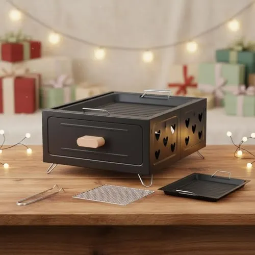 Tragbarer Holzkohlegrill,Campingkocher mit Schublade montierter Holzkohleablage, Camping Grill, Mini Grill, Tischgrill Holzkohle für Grillabende, Picknicks und Teezubereitung (Schwarz)