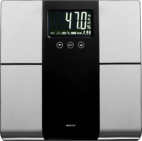 RUHHY 24638 LCD-Analysewaage für das Badezimmer - Präzise Personenwaage mit intelligenter Körperanalyse – misst Gewicht, BMI, Körperfett und mehr für bis zu 10 Nutzer. Ideal für Familien und Fitnessbegeisterte!