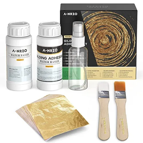 A-NRZO Blattgold Folien Set für Kunst und Handwerk 100 Stück Imitationsblattgold Wasserbasierter Vergoldungskleber und Schutzlack Inklusive Pinsel und Sprühflasche Vielseitig für Dekoration und Restaurierung