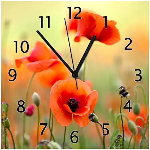 Wallario Wanduhr Mohnblumenblüten (Glasuhr) in gelb von Wallario