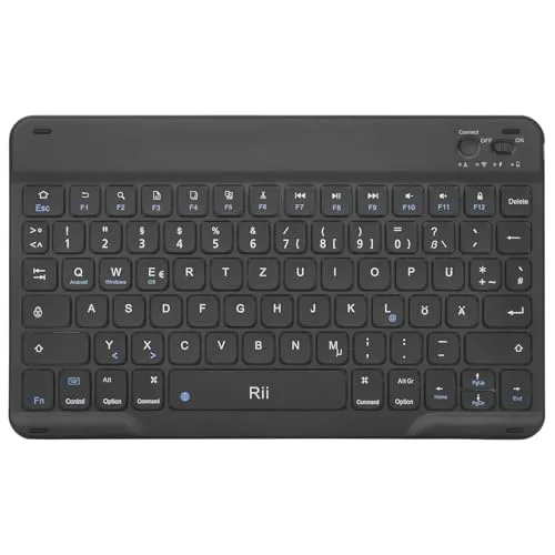 Rii Bluetooth Tastatur für Tablet, Tragbare Slim Tastatur mit Scissor-Mechanismen, Wiederaufladbar, QWERTZ Layout, Kompatibel mit iPad/Android/Windows, Schwarz