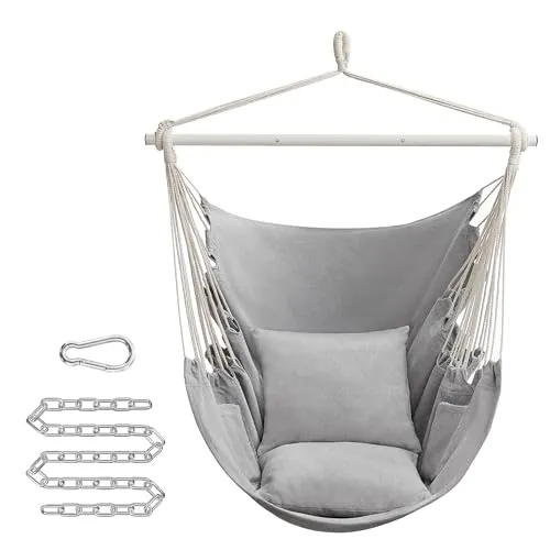 SONGMICS Hängesessel, Hängeschaukel, Hängestuhl mit 2 Kissen, Metallkette, bis 150 kg belastbar, Indoor und Outdoor, Wohnzimmer, Schlafzimmer, Taubengrau GDC197G01