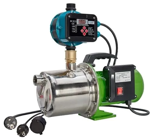CHM GmbH® JET Gartenpumpe Edelstahl 1300 Watt - Poolpumpen mit 5,5 Bar Druck und 5400 L/h Fördermenge, ausgestattet mit Trockenlaufschutz für sicheren Betrieb und einstellbarem Druck für optimale Leistung.