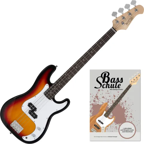 Rocktile Puncher E-Bass Sunburst + Schule Set - Stylischer E-Bass mit Mahagoni-Korpus und Ahorn-Griffbrett, inkl. Schule für E-Bass. Ideal für Einsteiger und Musikbegeisterte, um sofort loszulegen.
