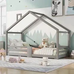 Merax Kinderbett 90x200cm mit Rausfallschutz und Schornstein, Hausbett Bodenbett Kiefernholzbett Einzelbett mit Lattenrost, Grau - Grau