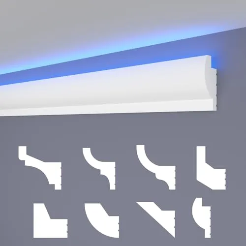 HEXIMO LED Stuckleisten klassisch, XPS Styropor indirekte Beleuchtung Wand- & Deckenleisten Styroporleisten für Decken (20,4 Meter HLED 28)