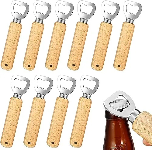 Flaschenöffner, 10 Stück Natur Holzgriff Bier Flaschenöffner mit Tragbare Lochdesign Edelstahl Kapselheber Großes Geschenke für Männer Weihnachts Neujahrs Party