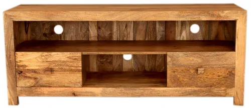 Indischesmoebelhausde TV-Schrank Hina 150x60x45 aus Mangoholz - Der TV-Schrank Hina aus hochwertigem Mangoholz vereint funktionales Design mit zeitloser Eleganz. Mit zwei praktischen Schubladen für Ordnung und einem einladenden Holzfinish ist er die perfekte Ergänzung für Ihr Wohnzimmer.