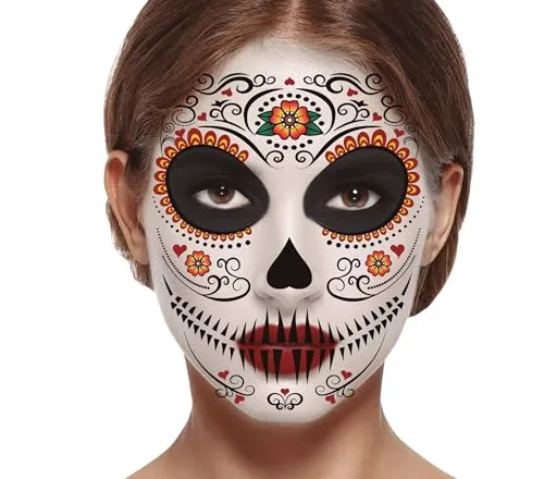 FIESTAS GUIRCA | Catrina-Gesichtstattoo (30 x 14 cm) - Klebe-Juwelen - Make-up für den Tag der Toten und Halloween - Mexikanisches Kostüm für Frauen - Mehrfarbig
