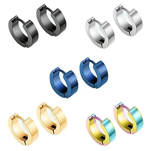 Epoch World 5 Paare Set Titan Edelstahl Männer Creolen Silber Ohrringe Herren Gold Ohrringe Damen Schwarz Hypoallergen Klein 14MM Piercing