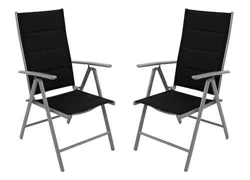 DEGAMO Gartensessel ALMERIA - Klappbar, Alu silbergrau + Kunstgewebe schwarz (2 St.) - Gartenstühle mit 7-facher Verstellbarkeit für individuellen Sitzkomfort. Robustes, rostfreies Alu-Gestell und wetterfestes Textilgewebe in elegantem Schwarz. Klappbar für platzsparende Lagerung.