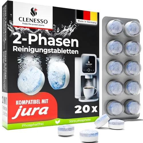 CLENESSO 2-Phasen Reinigungstabletten Kaffeevollautomaten (20 Stück) – Kaffeevollautomat Reinigungstabletten kompatibel mit Jura, Siemens, Melitta, uvm. – für optimale Reinigung & Pflege