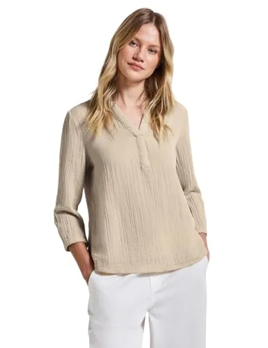 STREET ONE Damen A345607 Musselin Tunika, Coastal Beige, 42 - Blusen & Tuniken für Damen: Leichte Sommerbluse aus reiner Baumwolle mit geschlitztem Ausschnitt und 3/4-Ärmeln, perfekt für einen lässigen Look.
