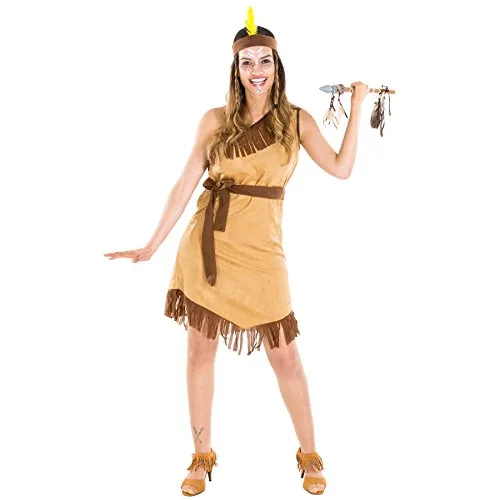 dressforfun tectake Frauenkostüm Indianerin | Sexy Kleid + Haarband mit Federn und Bindegürtel | Squaw Indianer Faschingskostüm (L | Nr. 300596)