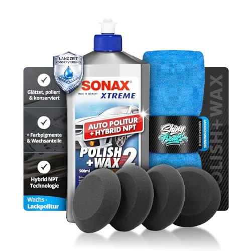 Politurset: SONAX XTREME Polish + Wax 2 Hybrid NPT (500ml) Auto Politur mit Hybrid NetProtection + Applikator + Mikrofasertücher | mühelos und schnell zum perfekten Polierergebnis | 6-teilig