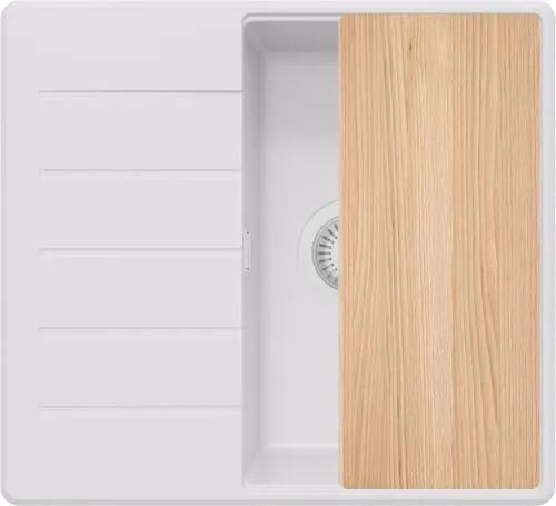 PRIMAGRAN Spülbecken Alles Weiß 55x50cm - 1 Becken Granitspüle mit XL-Becken für viel Geschirr, inklusive Ablauf-Set und Schneidebrett. Ideal für Unterschränke ab 40 cm, widerstandsfähig und vielseitig einsetzbar.