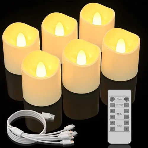 Ymenow LED Teelichter Wiederaufladbar mit Timer Fernbedienung, 6 Stk Elektrische LED Kerzen Aufladbar Flackernde Flamme mit Timerfunktion Ladekabel für Wohnzimmer Zimmer Deko Muttertagsgeschenk