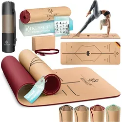 KESSER® Yogamatte Kork – Rutschfest und Nachhaltig - Sportmatte aus Naturkautschuk TPE, extradick für hohen Komfort, inklusive Tragegurt und Yoga-Block, ideal für entspannte und sichere Yogaübungen.