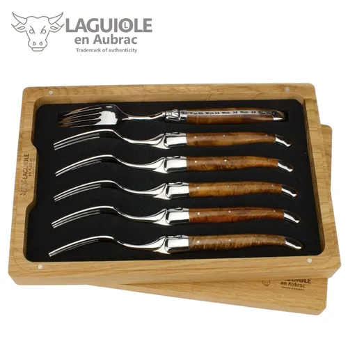 Laguiole en Aubrac Steakbesteck 62F99TKIF BRI, 6 Gabeln mit Teakholzgriff - Elegantes Gabel Set mit 6 handgefertigten Gabeln aus der renommierten Schmiede Laguiole en Aubrac. Perfekt für besondere Anlässe und den täglichen Genuss, mit kunstvoll verzierten Griffen aus edlem Teakholz.