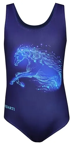 Aquarti Mädchen Badeanzug mit Ringerrücken - Tauchen & Schnorcheln, stylischer Print in Dunkelblau mit Pferdemotiv, ideal für sportliche Aktivitäten im Wasser.